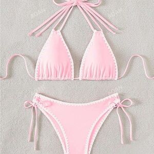 NWT Pink String Bow Tie Bikini Set with White Trim